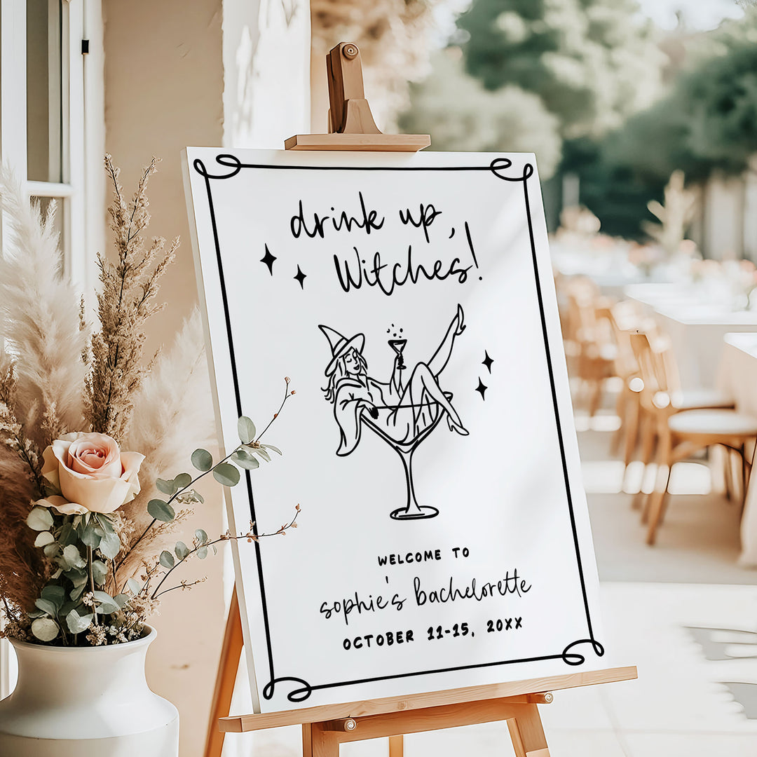 Editable Halloween bridal party sign with playful witch artwork, great for fall wedding festivities or witchy girls night.