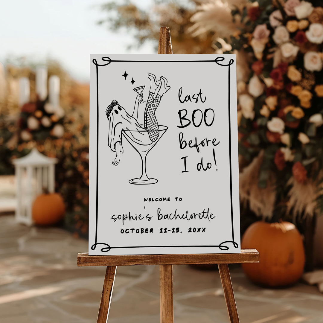 Printable spooky bridal shower decor featuring a sassy ghost with a martini, ideal for Halloween-loving brides-to-be