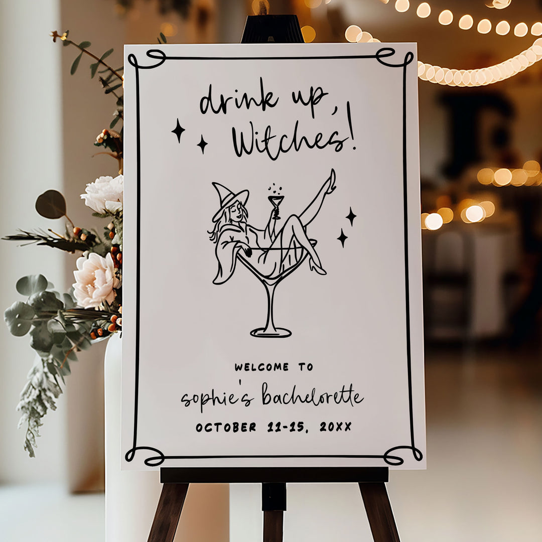 Black and white Halloween welcome sign with witch in fishnets and hat, a fun addition to October bachelorette decor.