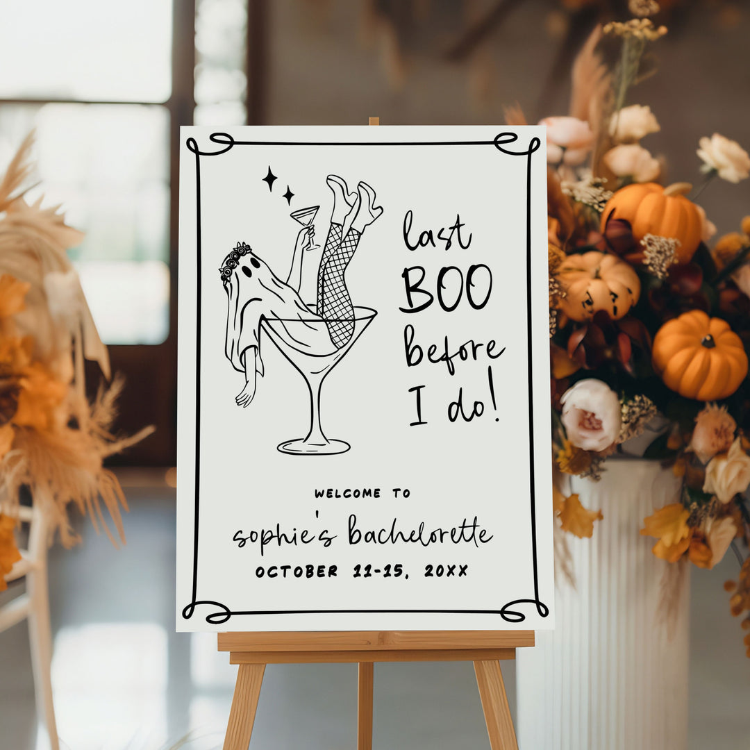 Ghost bachelorette sign with party-ready design and glam balloon backdrop, perfect for Instagram-worthy bride squad events.