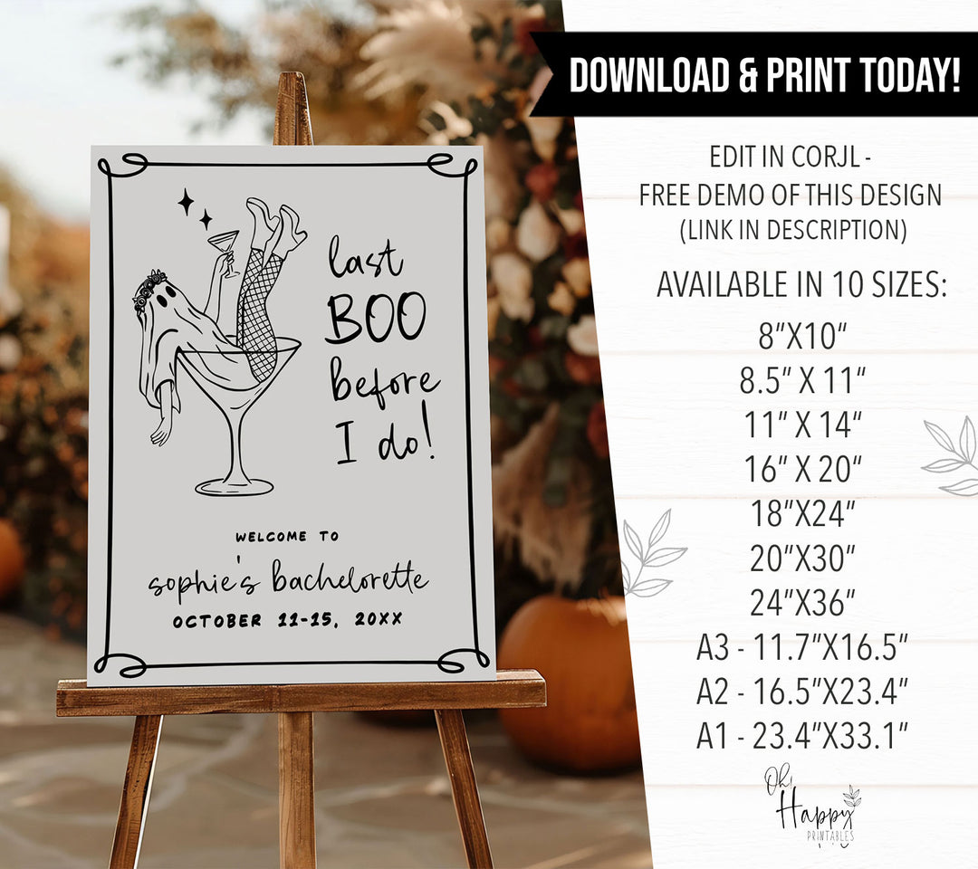Halloween bachelorette sign featuring ghost bride in fishnets inside martini glass, perfect for spooky chic bridal party decor.
