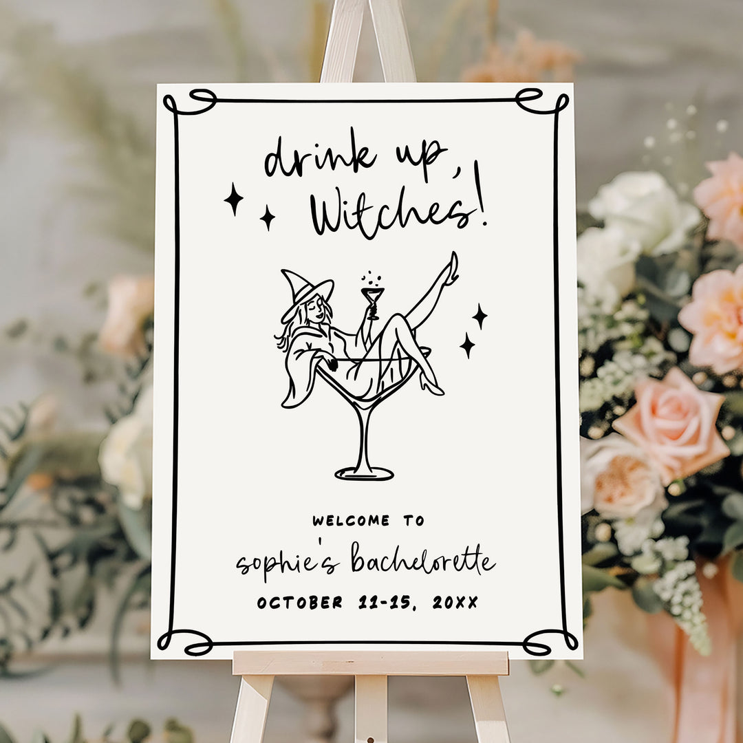 Halloween witch party decor with sparkling martini and sexy witch illustration, ideal for bridal showers or spooky hen parties.