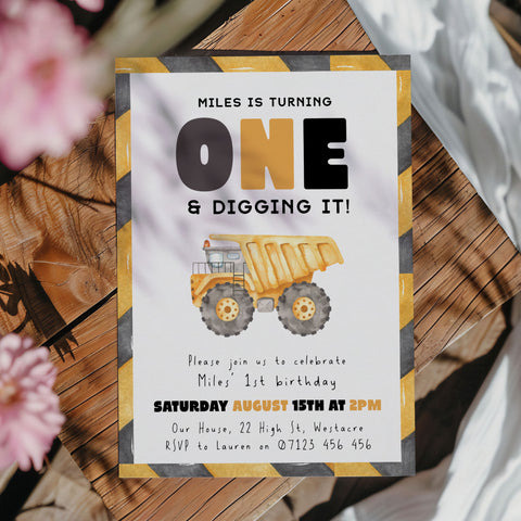 1st Birthday Construction Truck Invite