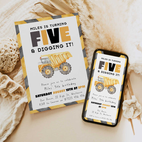 5th Birthday Construction Truck Invite