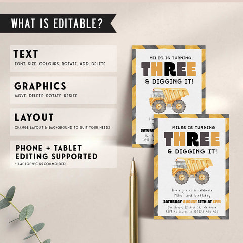 3rd Birthday Construction Truck Invite