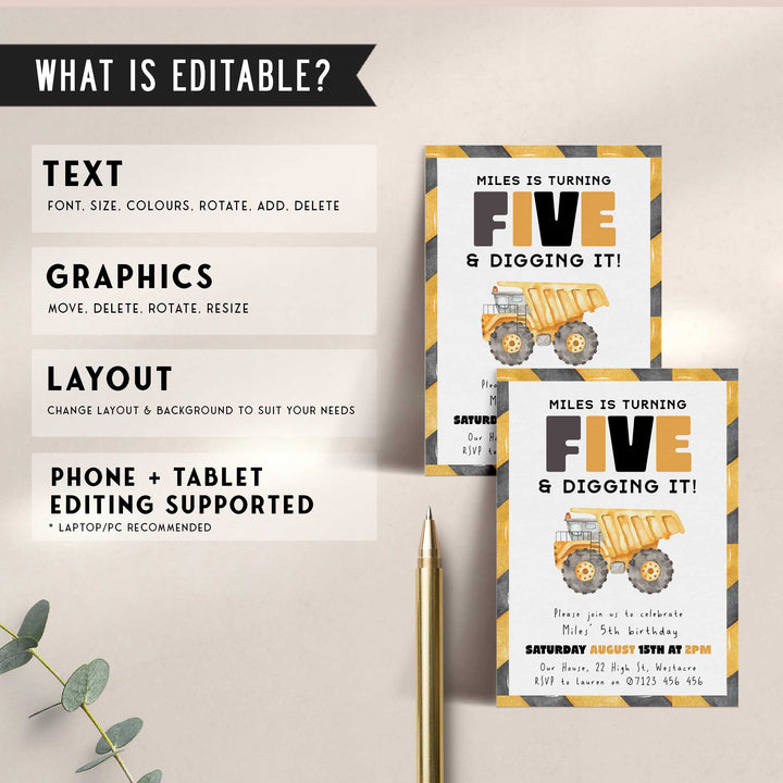 5th Birthday Construction Truck Invite