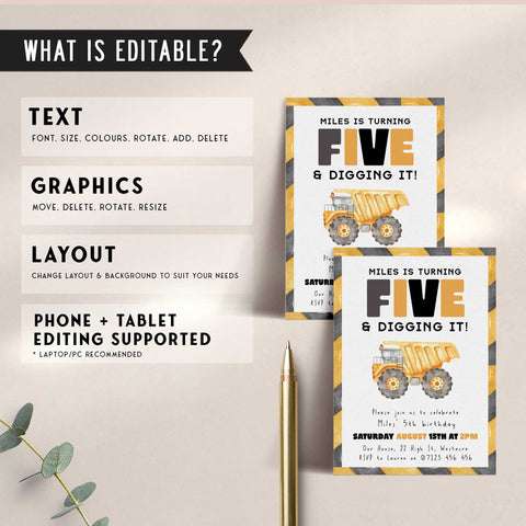 5th Birthday Construction Truck Invite