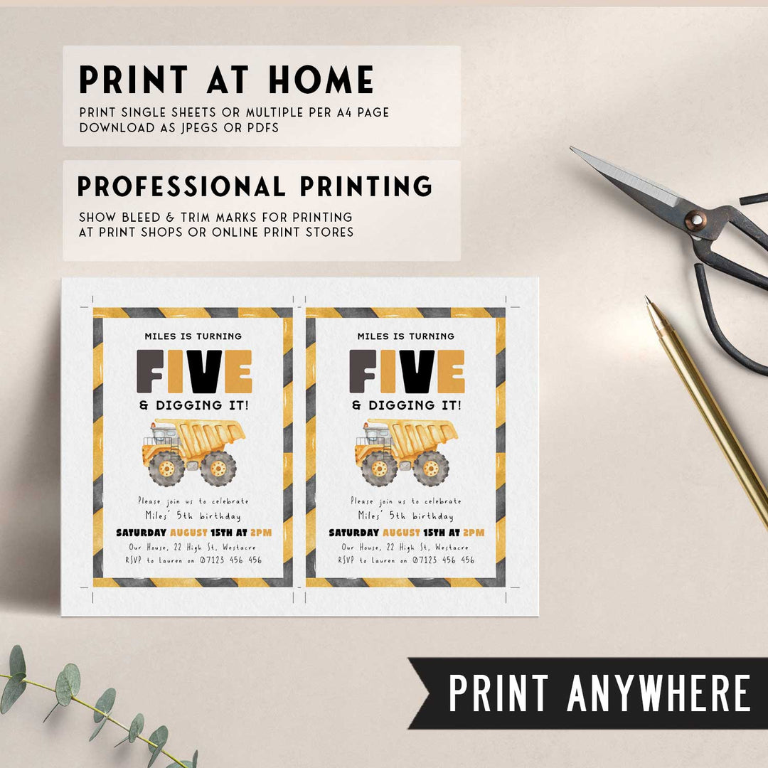 5th Birthday Construction Truck Invite