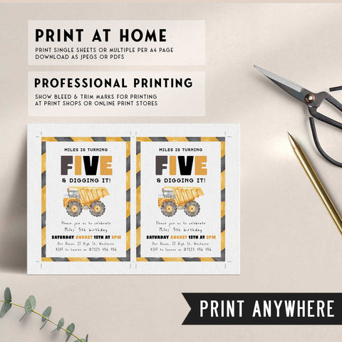 5th Birthday Construction Truck Invite