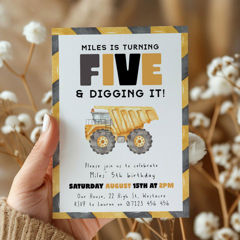 5th Birthday Construction Truck Invite