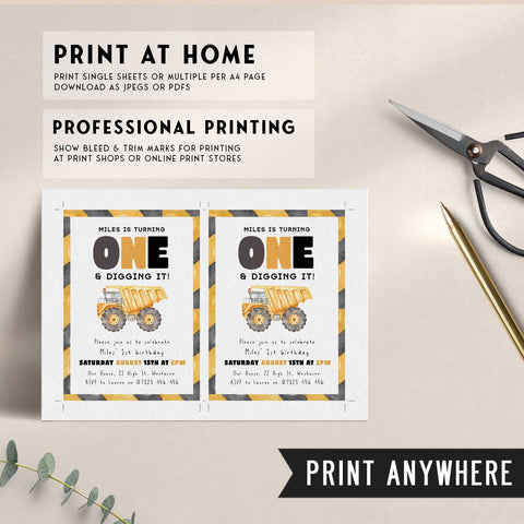 1st Birthday Construction Truck Invite