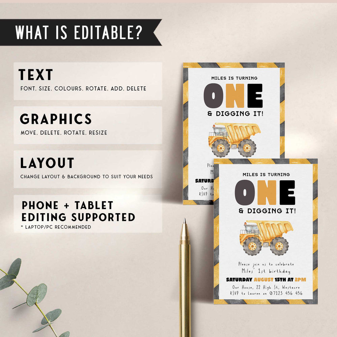 1st Birthday Construction Truck Invite