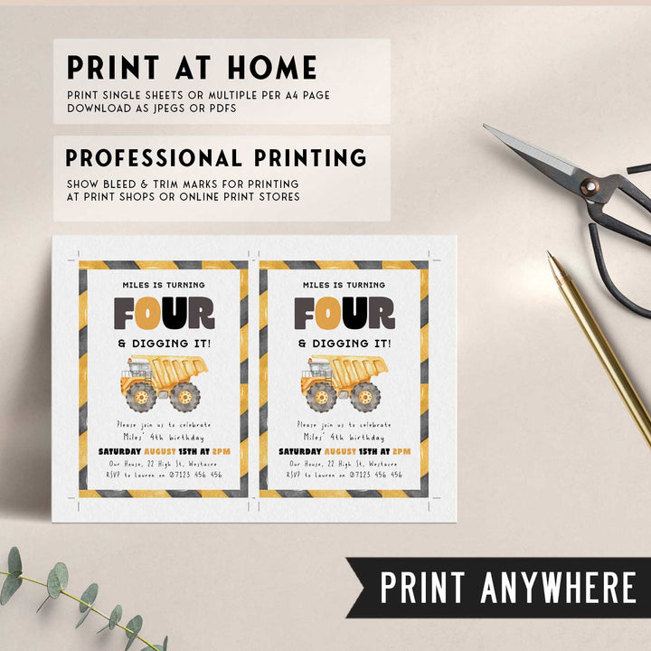 4th Birthday Construction Truck Invite