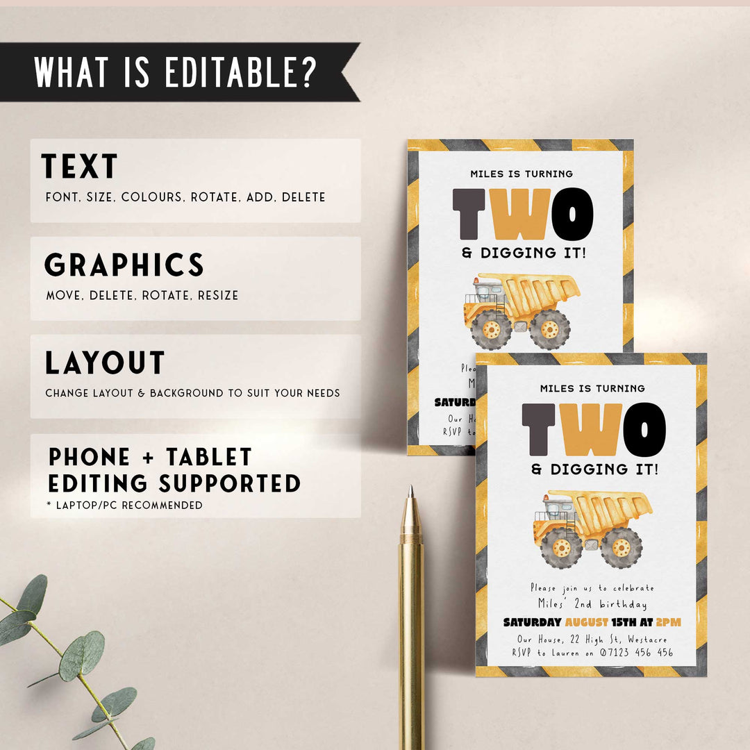 2nd Birthday Construction Truck Invite