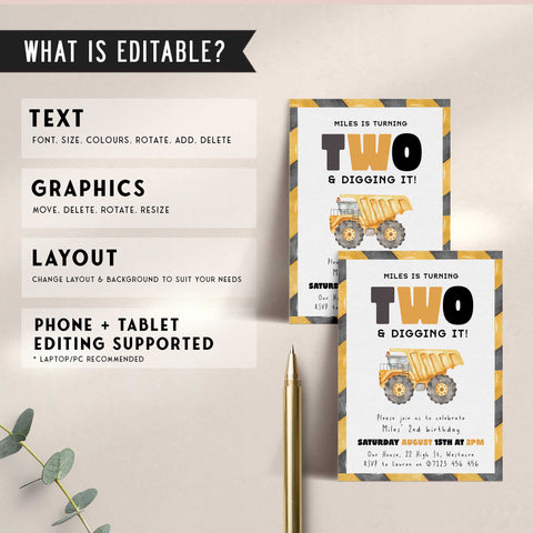 2nd Birthday Construction Truck Invite