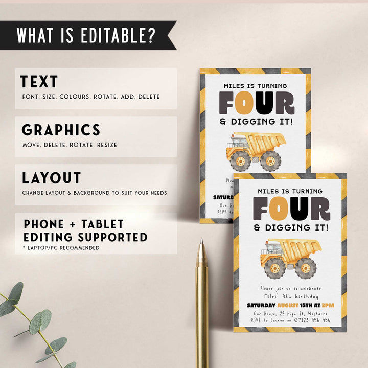 4th Birthday Construction Truck Invite