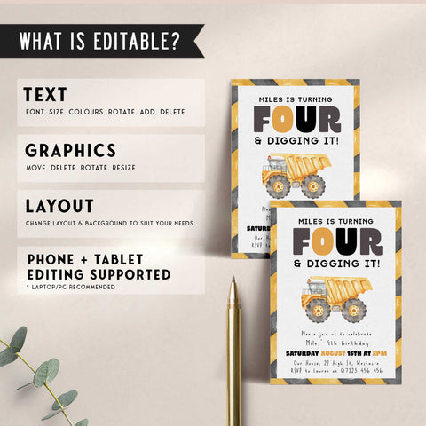 4th Birthday Construction Truck Invite