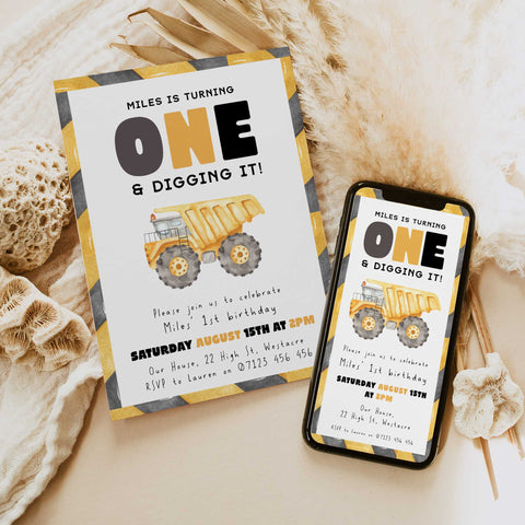 1st Birthday Construction Truck Invite