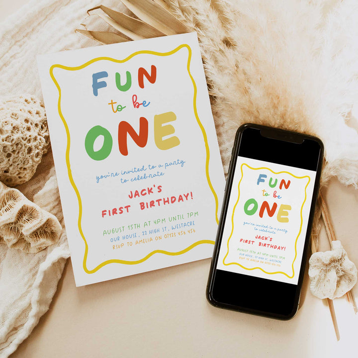 Fun To Be One Yellow Birthday Invite editable template in Canva