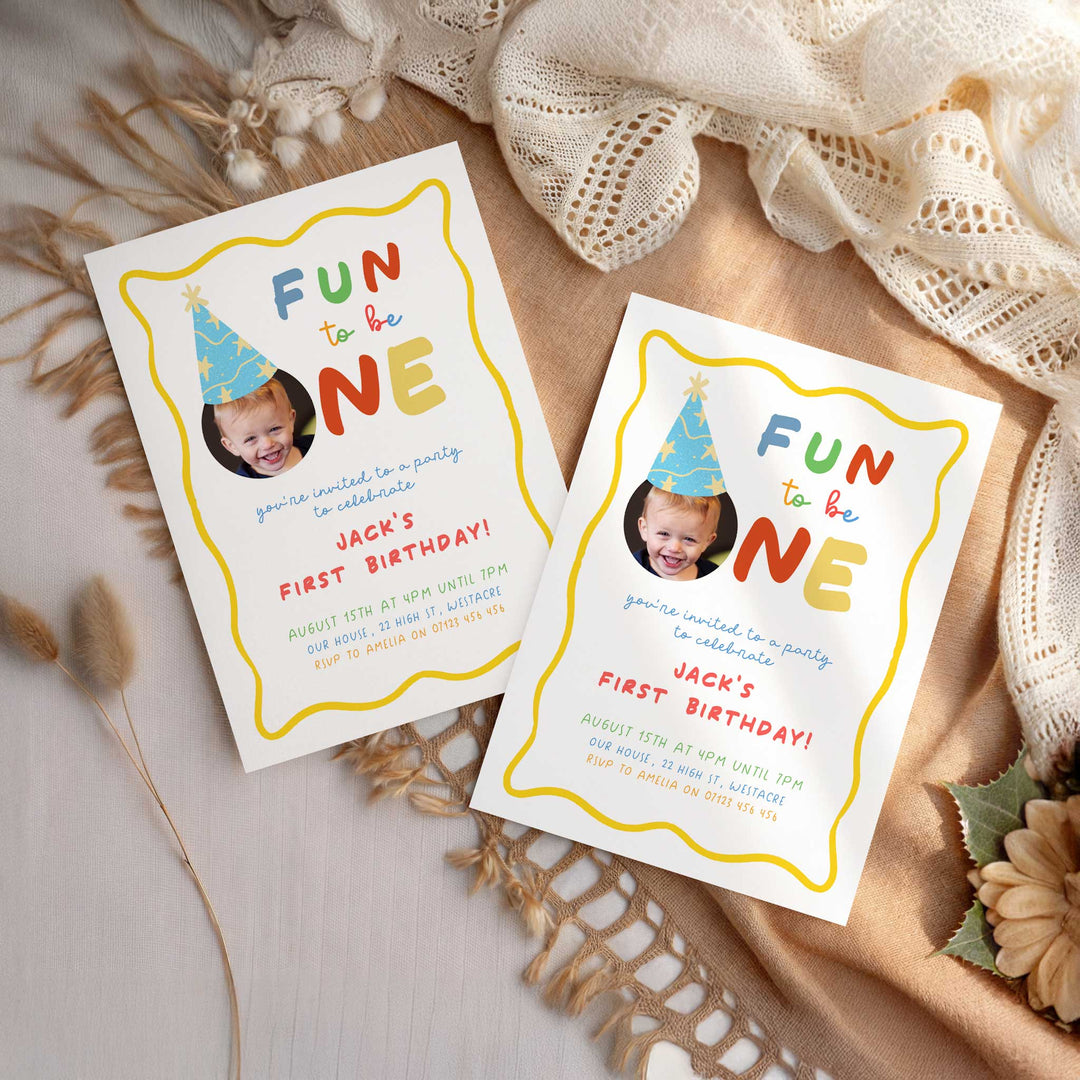 Fun To Be One Yellow Framed Birthday Invite With Photo Editable Template in Canva