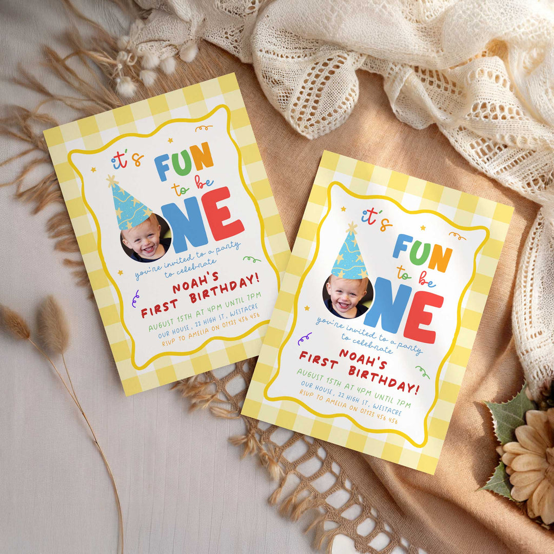 It's Fun To Be One Yellow Gingham Birthday Invite Editable Template in Canva