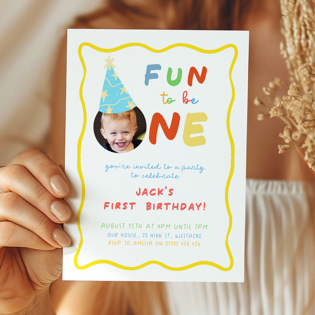 Fun To Be One Yellow Framed Birthday Invite With Photo Editable Template in Canva