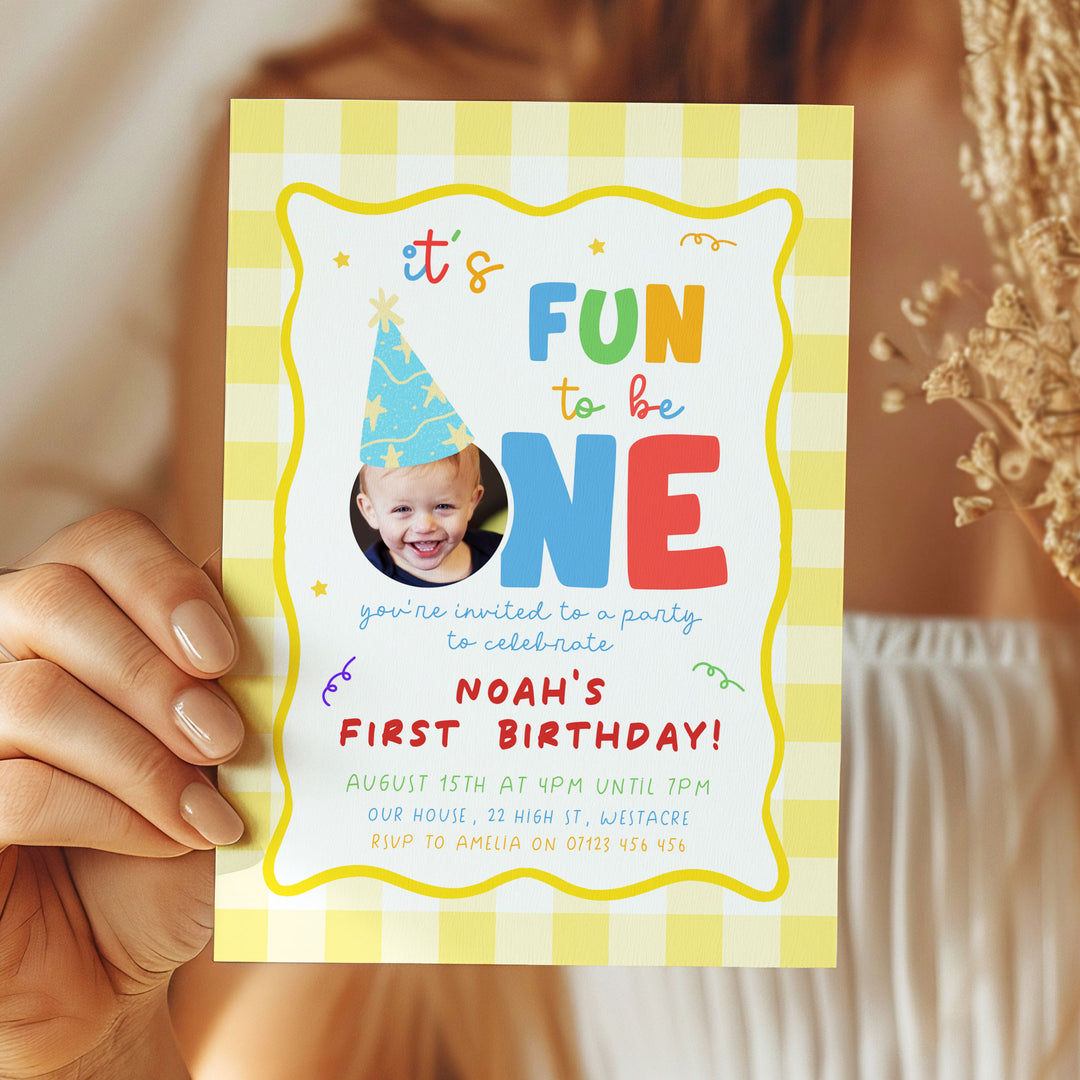 It's Fun To Be One Yellow Gingham Birthday Invite Editable Template in Canva