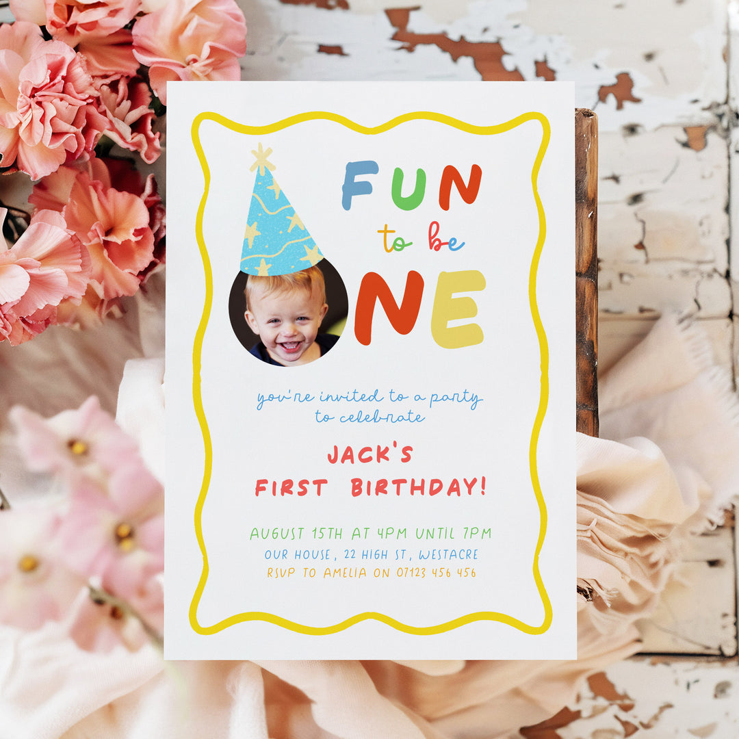 Fun To Be One Yellow Framed Birthday Invite With Photo Editable Template in Canva