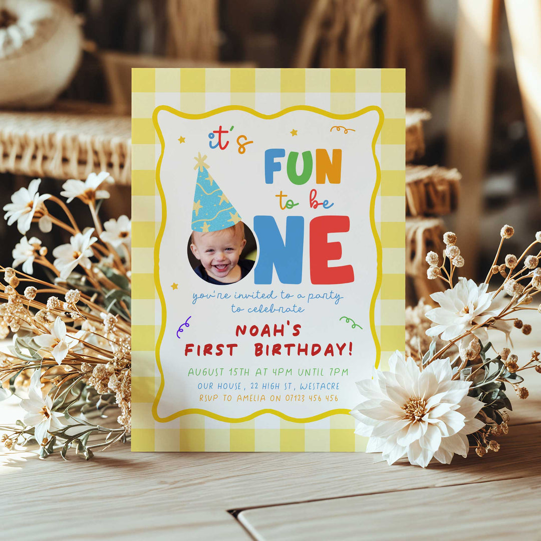 It's Fun To Be One Yellow Gingham Birthday Invite Editable Template in Canva