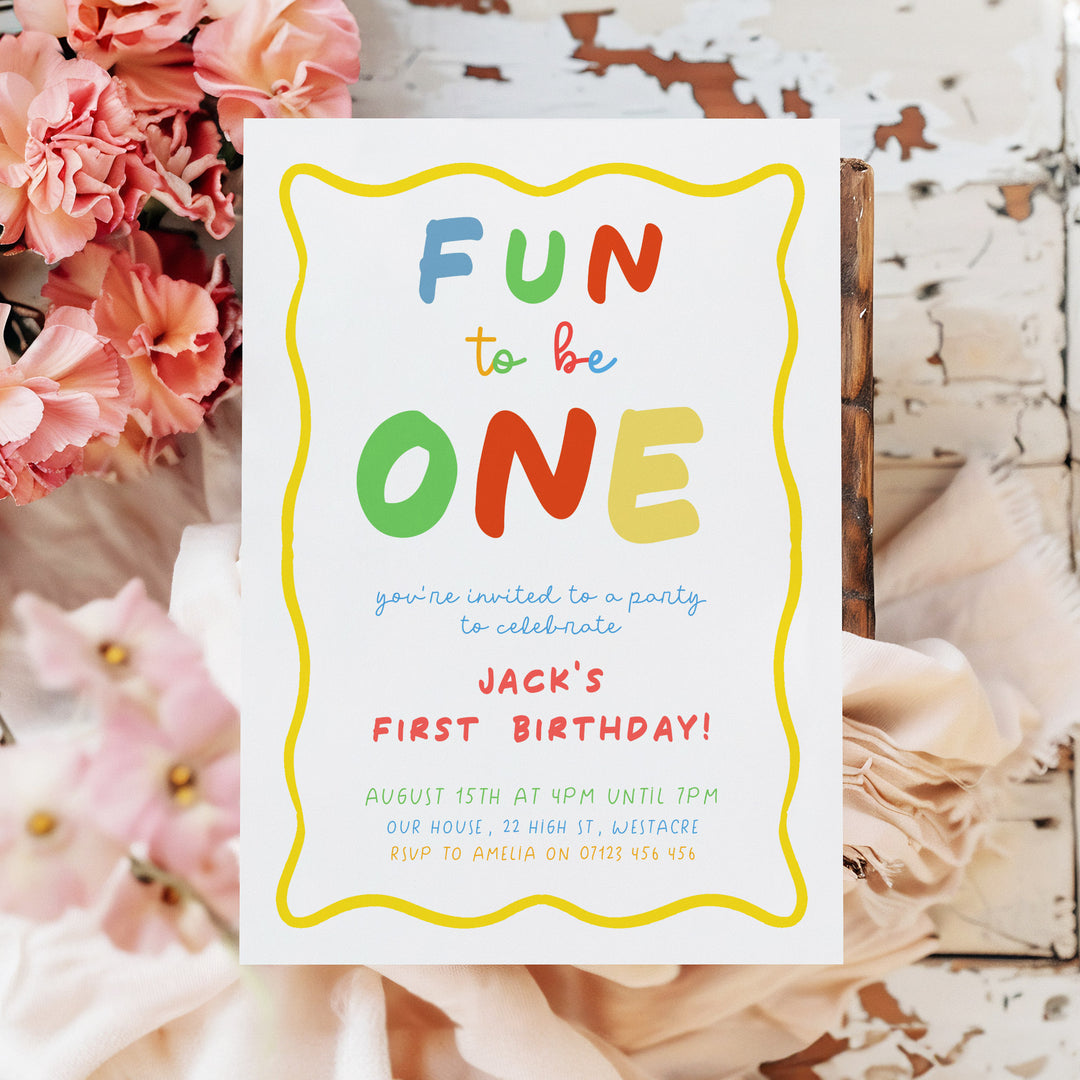 Fun To Be One Yellow Birthday Invite editable template in Canva