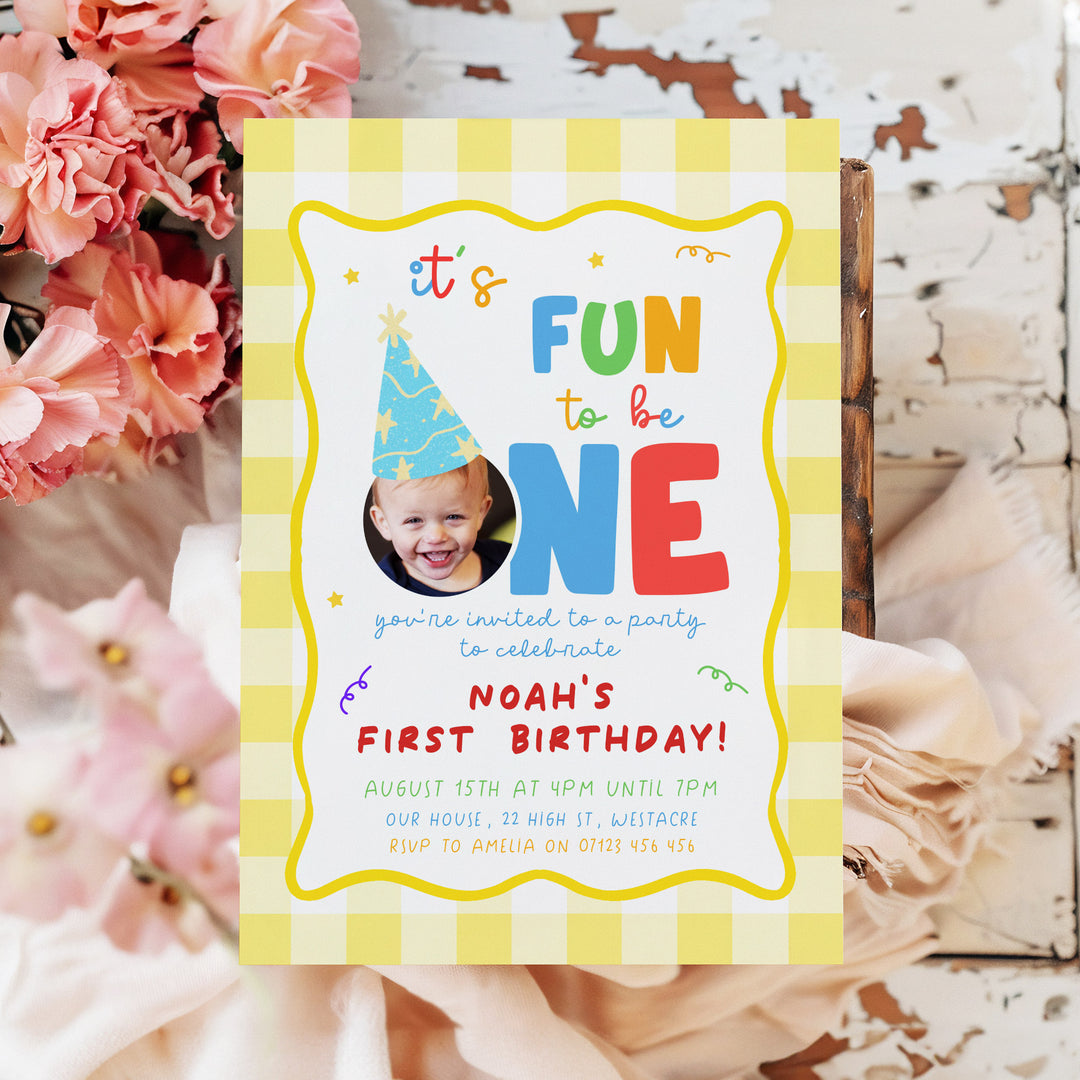 It's Fun To Be One Yellow Gingham Birthday Invite Editable Template in Canva