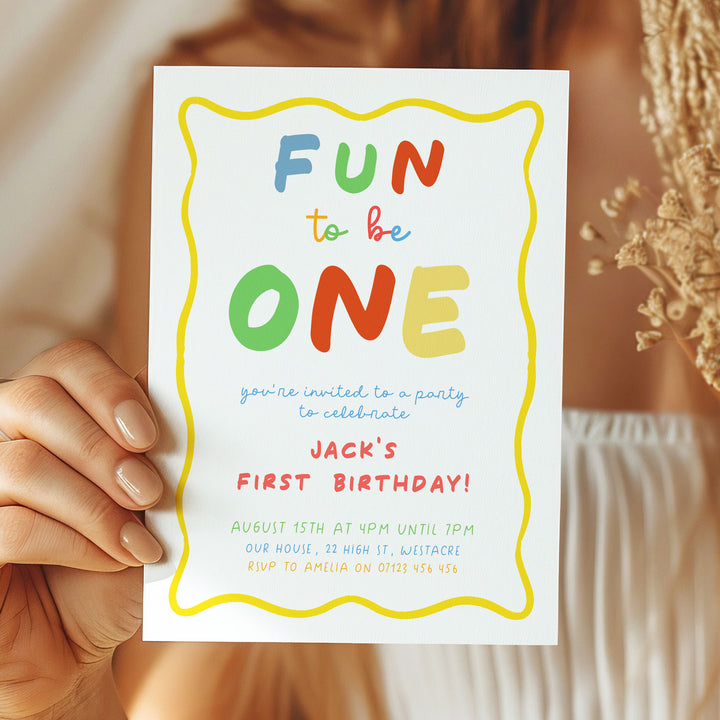 Fun To Be One Yellow Birthday Invite editable template in Canva