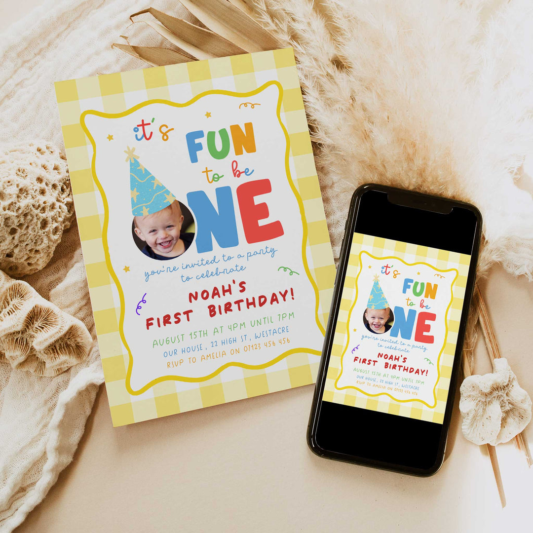 It's Fun To Be One Yellow Gingham Birthday Invite Editable Template in Canva