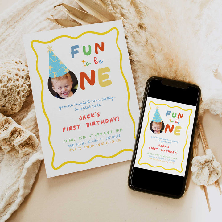 Fun To Be One Yellow Framed Birthday Invite