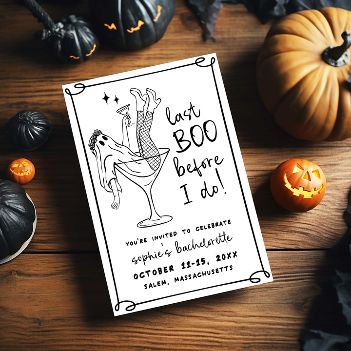 Spooky ghost bride party invitation with martini glass and fun typography, perfect for fall wedding festivities