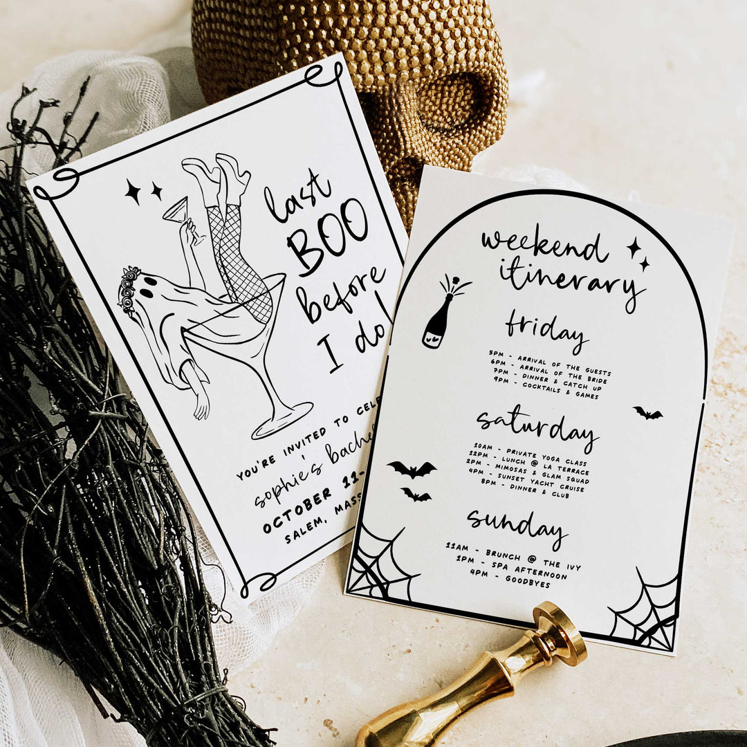 Ghost martini glass bachelorette invitation for Halloween-loving brides, editable and printable for instant party planning