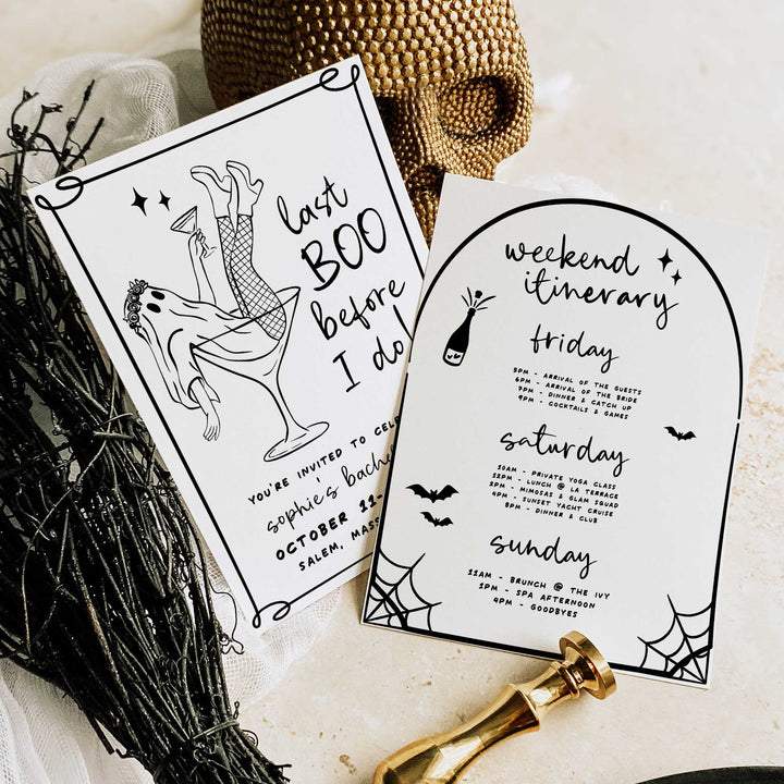 Ghost martini glass bachelorette invitation for Halloween-loving brides, editable and printable for instant party planning
