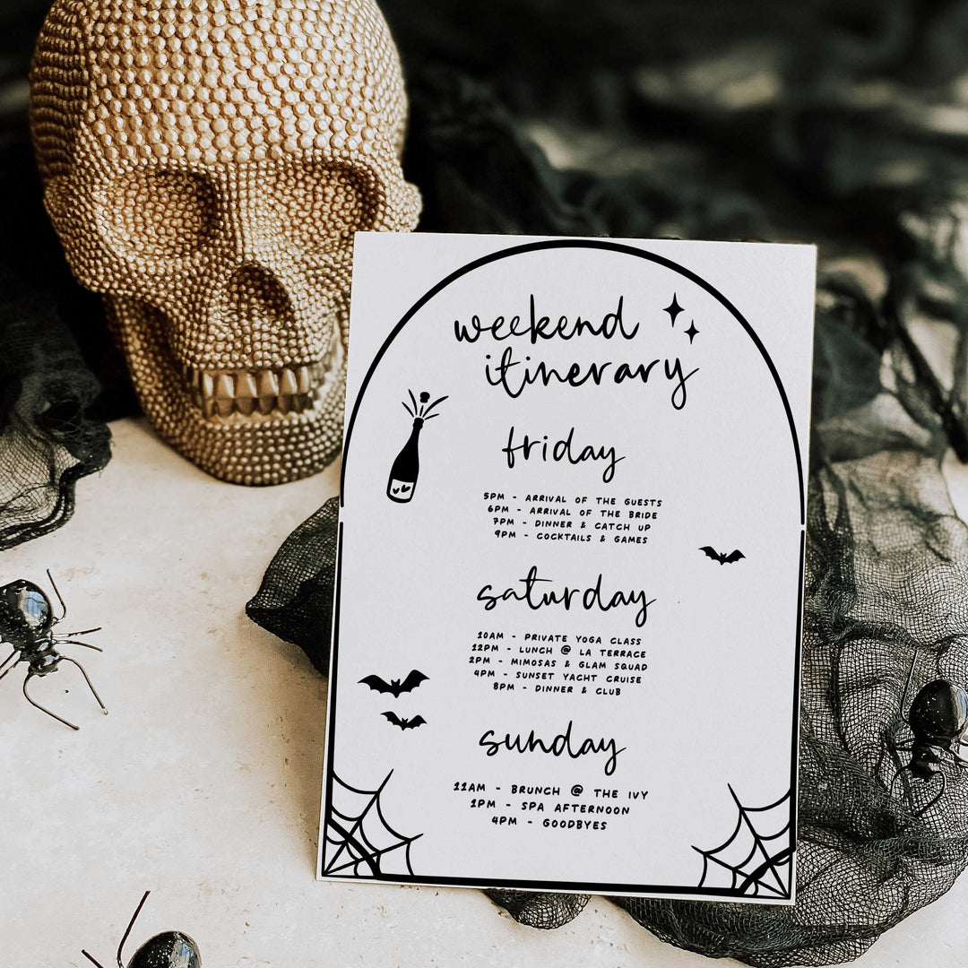 Editable Halloween bachelorette invitation featuring ghost bride lounging in a martini glass, perfect for spooky bridal celebrations