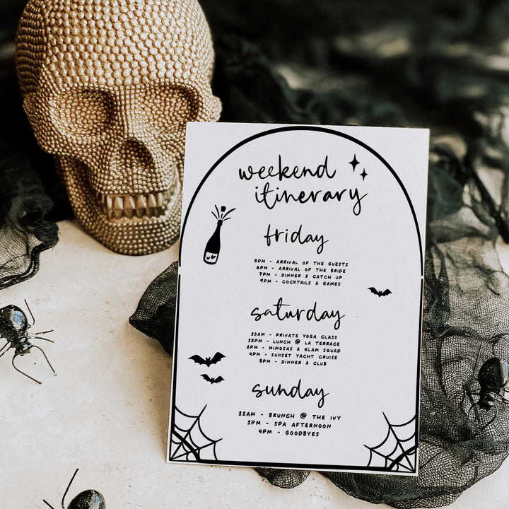 Editable Halloween bachelorette invitation featuring ghost bride lounging in a martini glass, perfect for spooky bridal celebrations