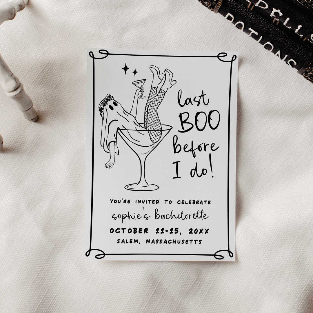 Halloween bridal shower invitation with playful ghost bride in cocktail glass design, editable for email or print use