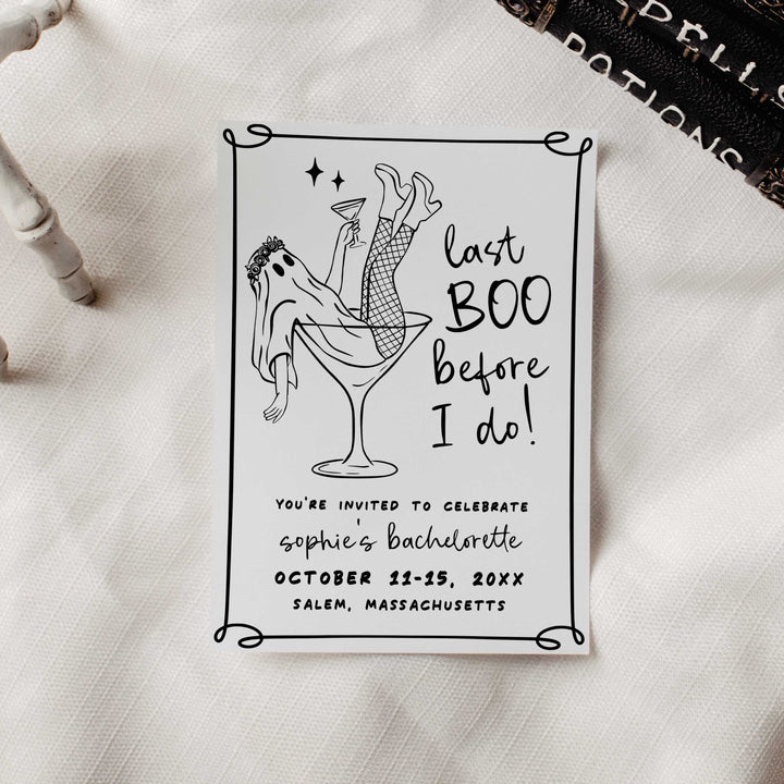 Halloween bridal shower invitation with playful ghost bride in cocktail glass design, editable for email or print use