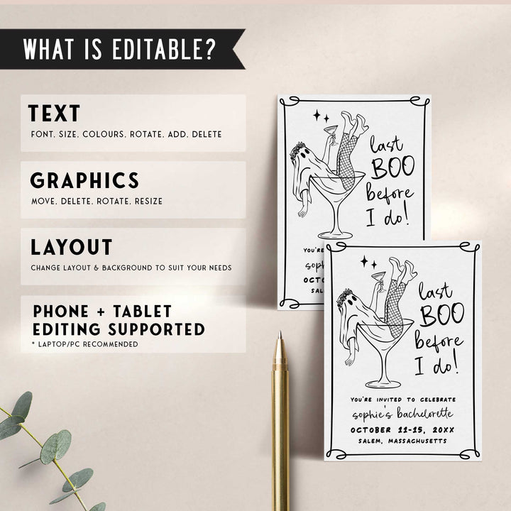 Printable ghost-themed bachelorette invite with martini glass artwork, perfect for gothic fall bridal parties