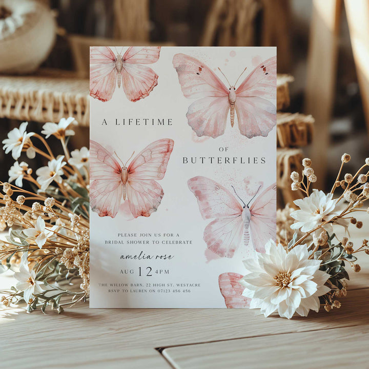 Pink Lifetime Of Butterflies Bridal Invitation