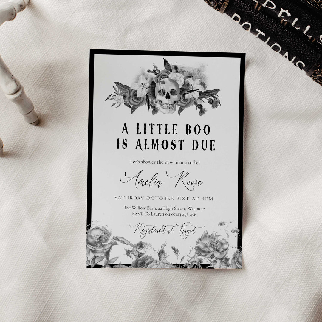 Gothic floral skull baby shower invitation with romantic black and white design for fall party.