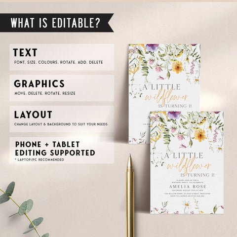 Yellow One Little Wildflower Border Invitation