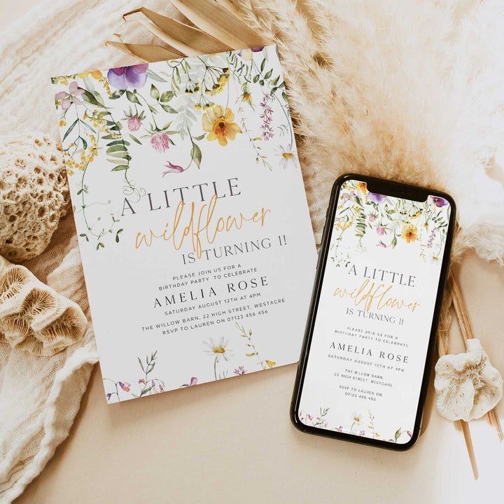 Yellow One Little Wildflower Border Invitation