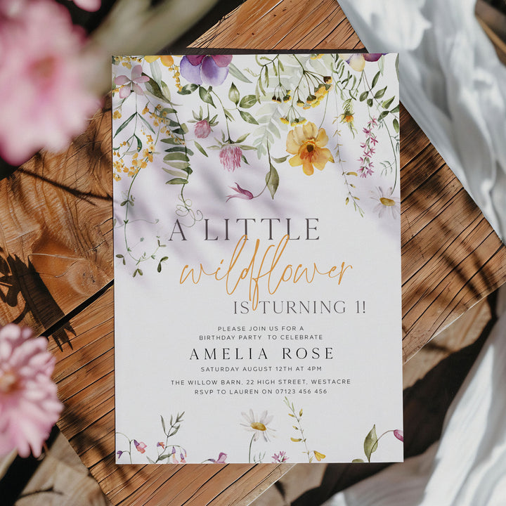 Yellow One Little Wildflower Border Invitation