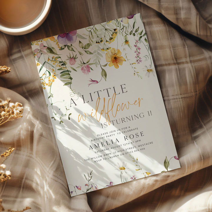 Yellow One Little Wildflower Border Invitation