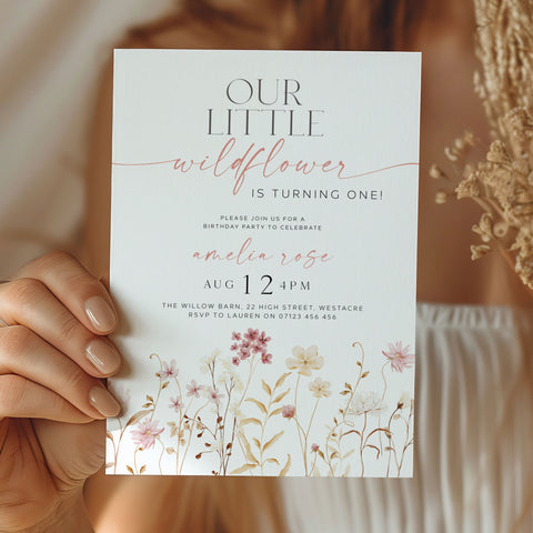 Boho One Little Wildflower Border Invitation