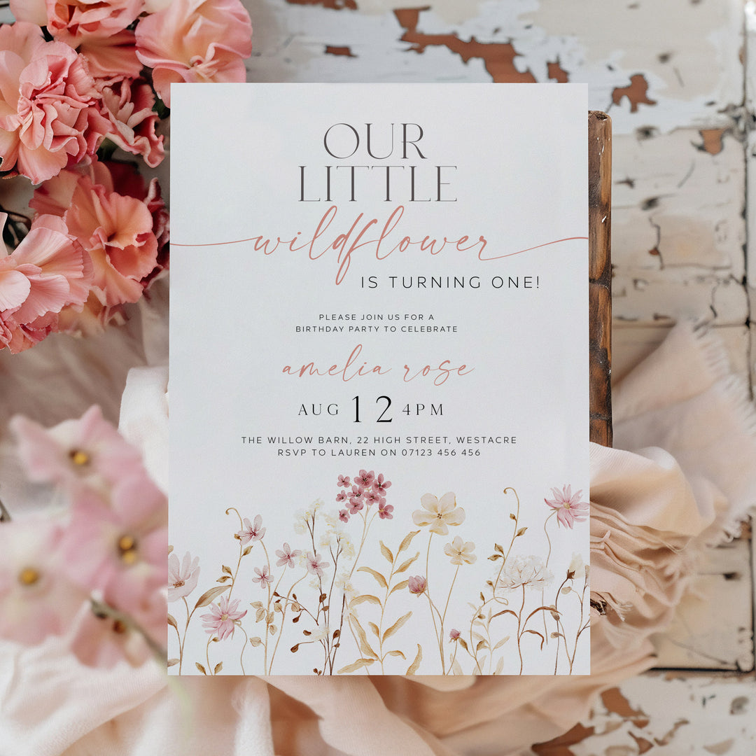 Boho One Little Wildflower Border Invitation